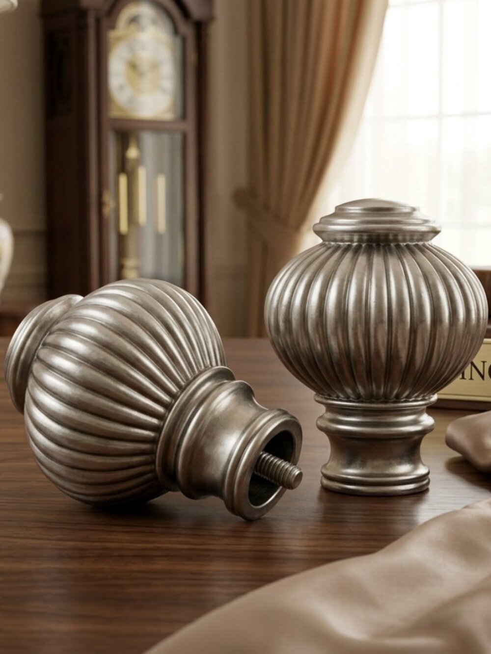 Elegant Brushed Silver Fluted Curtain Rod Finials Set